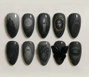 Handmade Witchy Gothic Press On Nails - Black Ombre Almond Halloween Spooky Dark Aesthetic False Nails with Ghost Moon Castle Anatomical Heart Butterfly Candle Designs - Reusable Full Cover Goth Emo Glue On Art Nails