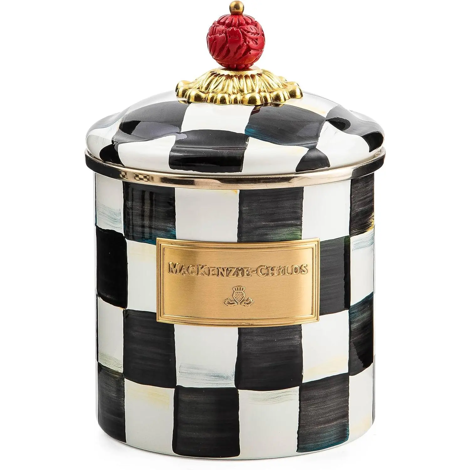 Small Enamel Canister, Kitchen Storage Container for Flour and Sugar, 1.13 Liters, Black-and-White Courtly Check