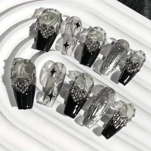 10PCs Handmade Acrylic Press On Nails Set, Medium-Length Coffin Shape, Gothic Punk Style, Reusable Glue Fake Nail Tips, Black & Silver Glitter Design, Handmade Acrylic Nails