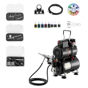 VEVOR Airbrush Kit, 1/6 HP, Air Brush Kit with Air Compressor and Tank, 3 Dual-Action Professional Airbrushes with 3 Tips, Hose, Acrylic Paint, 2 Fans, for Cake Decorating, Model Painting, Nail Art