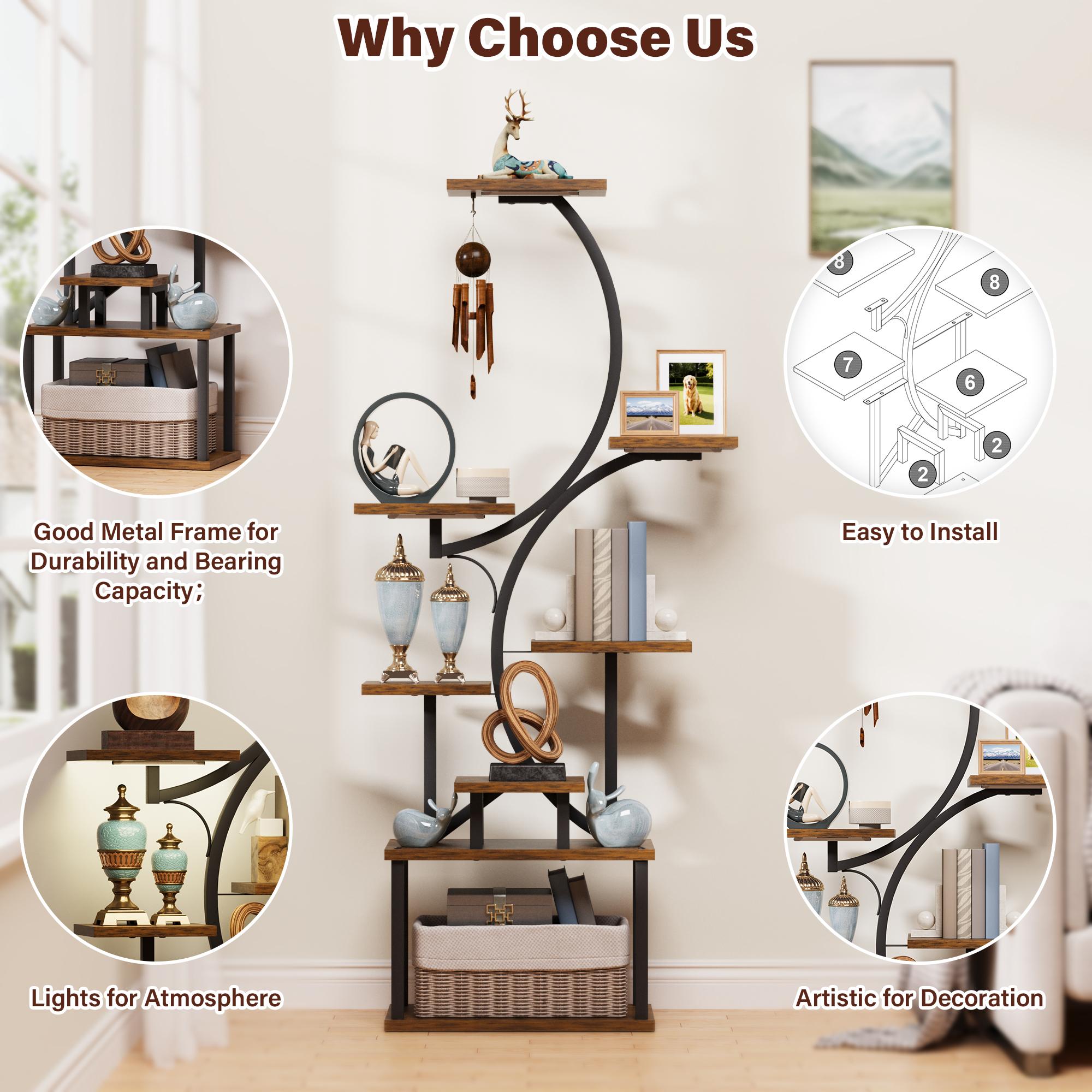 Display Shelf with LED Lights, Corner Shelf Stand, 62" Tall Bookshelf, 8-Tier Bookcase for Collectibles, S-Shaped Modern Corner Display Book Shelves for Bedroom Living Room, Rustic Brown