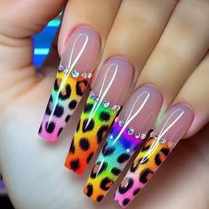 Leopard Print French Press on Nails Long Coffin Fake Nails Colorful False Nail Design Leopard Print with Rhinestones Glossy Acrylic Nails for Women Girl DIY Manicure Decoration 24Pcs