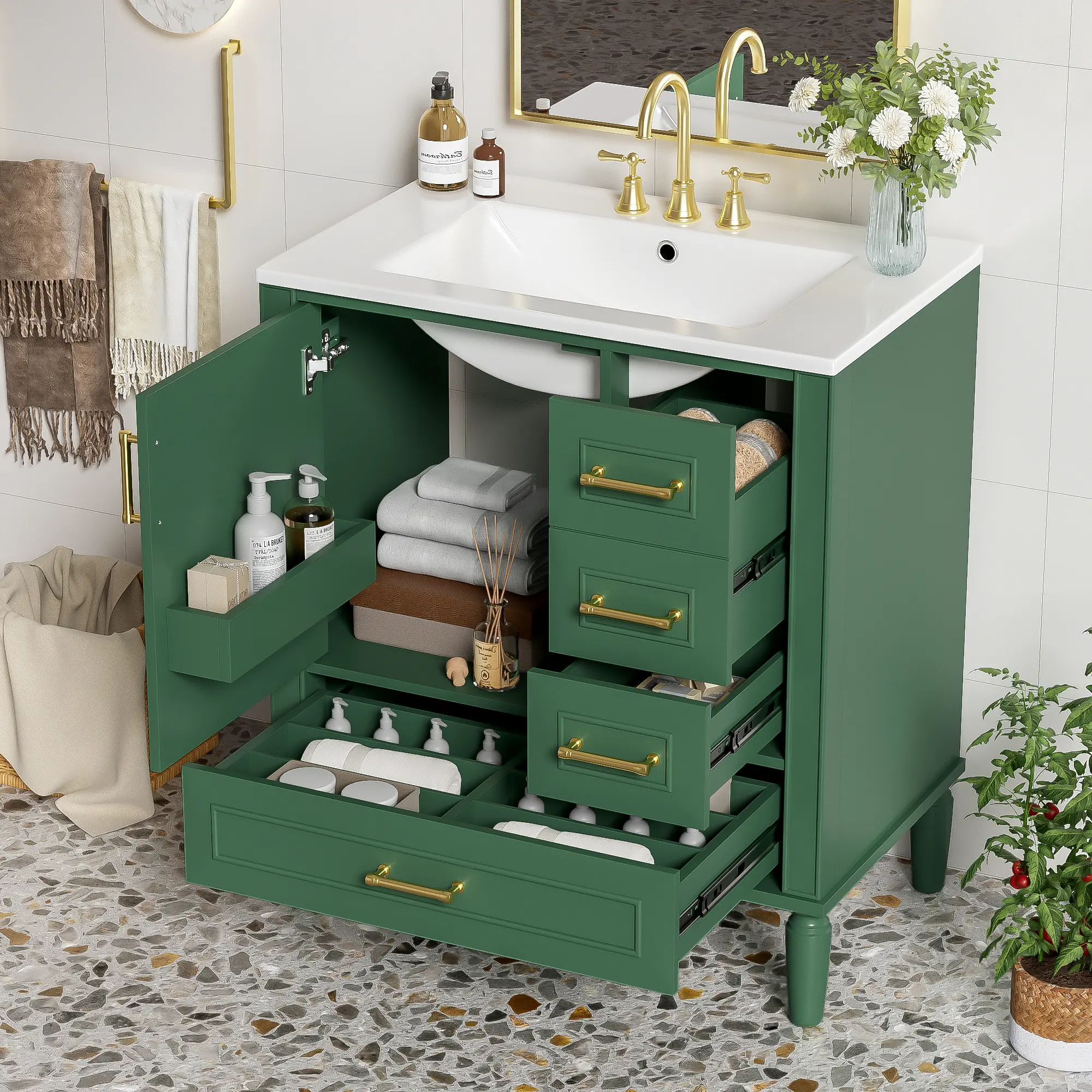 Hardware Traditional 30" Green Bathroom Vanity Set, Floor Standing, with Three Drawers, Soft Close Doors, with Long Gold Metal Handles - Perfect for Small Bathrooms
