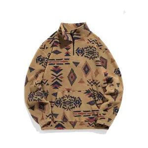 Men's Ethnic Pattern Drop Shoulder Zipper Sweatshirt, Casual Fashion Sweatshirt, Fitted Casual Comfy Fall Clothes, Streetwear Long Sleeve Stand Collar Pullover