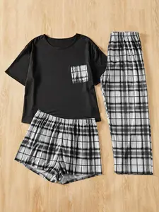 Women's 3-Piece Sleepwear Set, Pajamas Lounge Set, Short Sleeve Top, Shorts & Pants, Plaid Lounge Pants, Grid Print, Casual Home Wear, Outerwear Style, Comfortable Nightwear