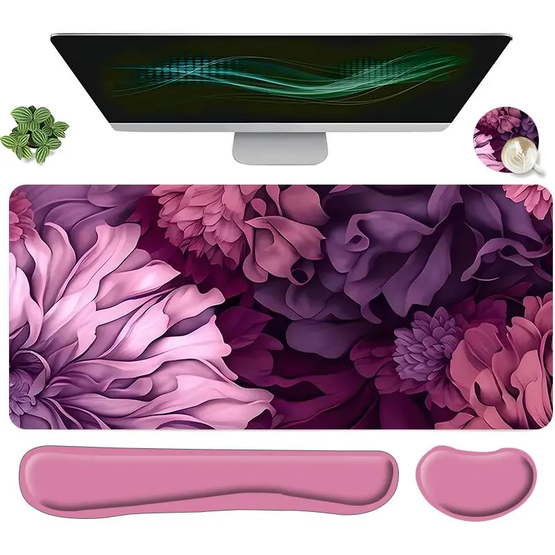 Flower Pattern Mouse Pad and Keyboard Wrist Rest & Coaster Set, Ergonomic Wrist Support, Computer Mat Mouse Pad Coaster Set for Home Office Gaming, Desktop Accessory