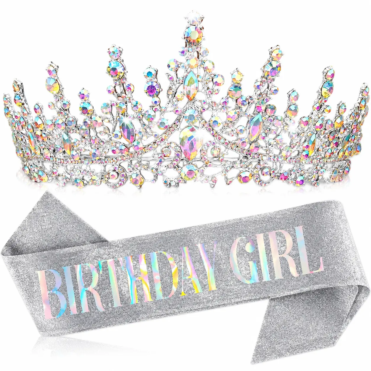Women's Sash & Tiara Set - Princess Aesthetic 4.92in Rhinestone Crown & Black Glitter Sash for Female Parties & Celebrations, Birthday, Silver, Adjustable Fit, 4.92In Diameter, Bonus Pin, Happy Birthday, Birthday Ideas