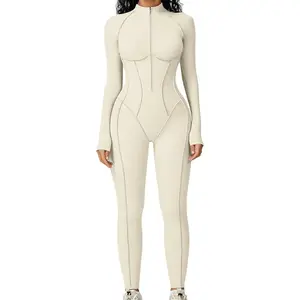 Womens Contour Seams Long Sleeve Padded Workout Jumpsuit Zip Up Tummy Control One Piece Bodycon Yoga Rompers