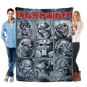 Heavy Metal Legend Undead Mascot Throw Blanket, Retro Rock Band Comic Art Soft Fleece for Metalheads, Gothic Zombie Trooper Home Decor, 50x60
