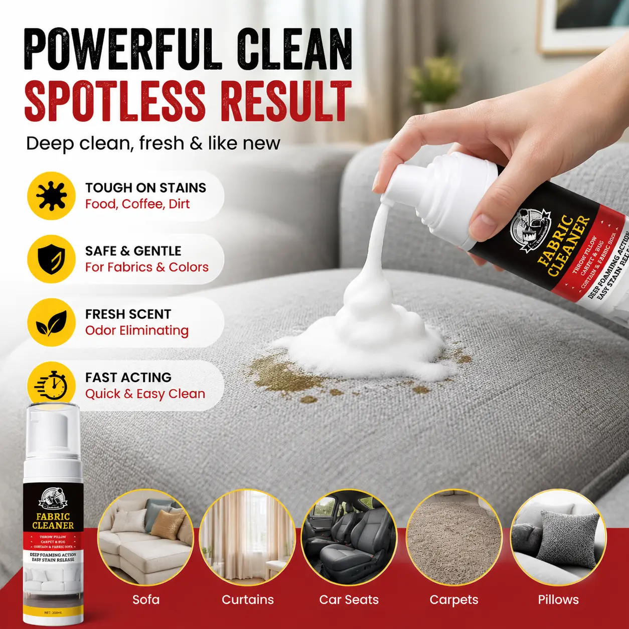 Fabric Sofa Cleaner - Powerful Indoor Deep Foaming Mousse Cleaning Solution, Deep Cleaning House Supplies for Sofas, Car Seats, Carpets - Eliminates Food Spills, Coffee Stains, Everyday Dirt