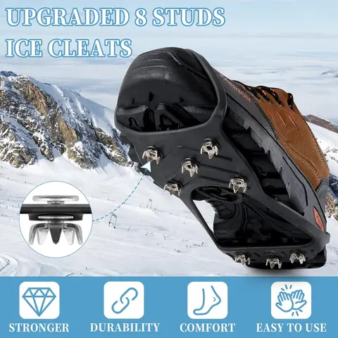 1 pairs of Non Slip Gripper Spikes for Shoes, Ice Traction Cleats with 8 Steel Studs Crampon for Walking On Snow and Ice, Shoe Spikes for ice Fishing, Hiking, Snow Shoveling