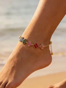 Women's Four-Leaf Clover Beaded Anklet, Rainbow Zircon Flower Ankle Bracelet Gift, Waterproof Summer Beach Vacation Style