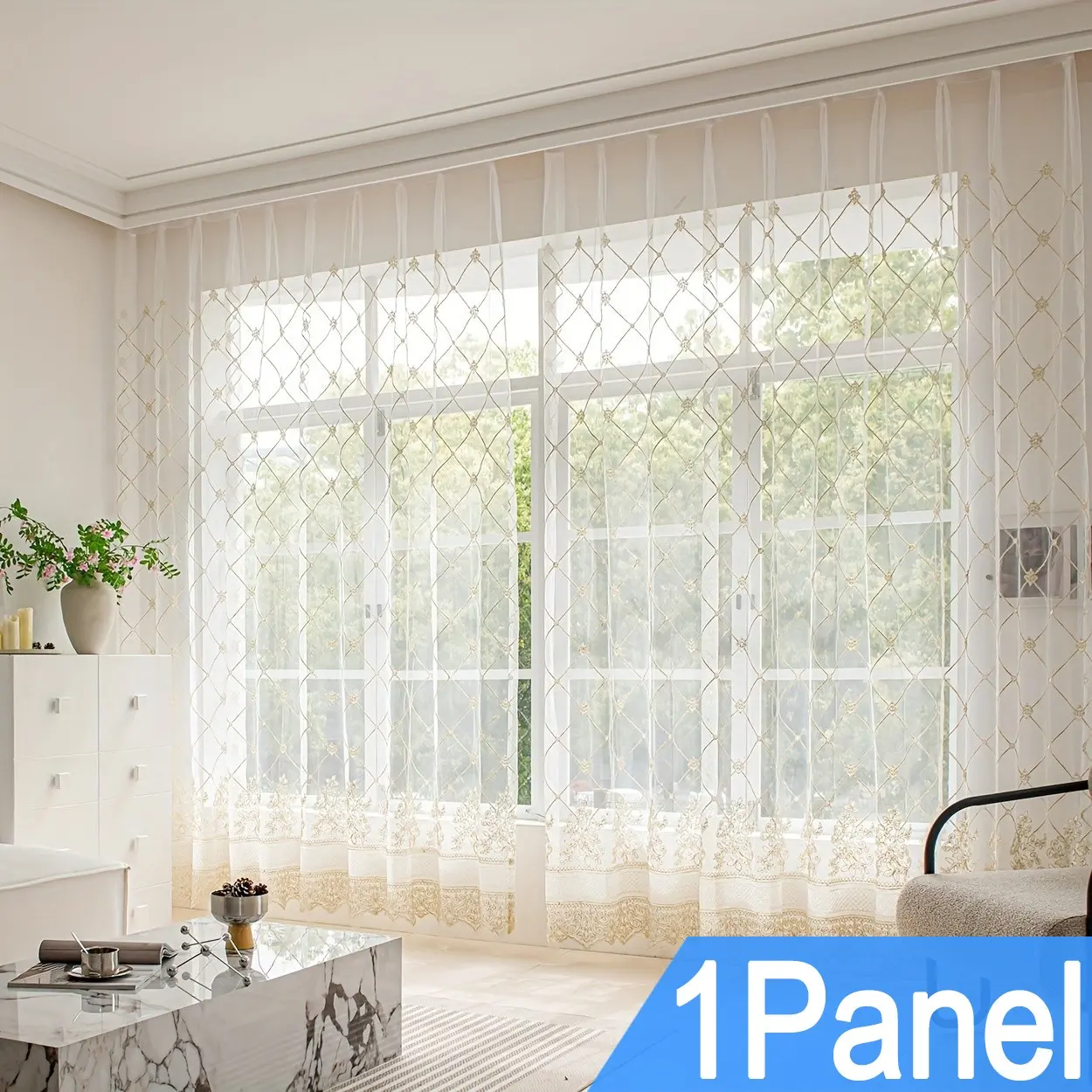 1panel French Gold Thread Embroidered Sheer Curtain, Elegant Romantic Country Style, Multiple Hanging Options, Living Room Balcony Bedroom Decor, Net Curtains Window Curtain Panels Window Sheer Kitchen Curtains