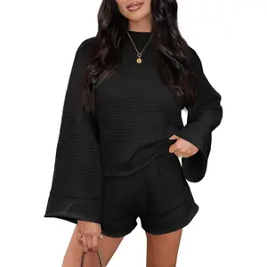 Tankaneo Womens 2 Piece Short Sets Bell Sleeve Mock Neck Oversized Sweater and Shorts Fall Sweater Sets Lounge Matching Set