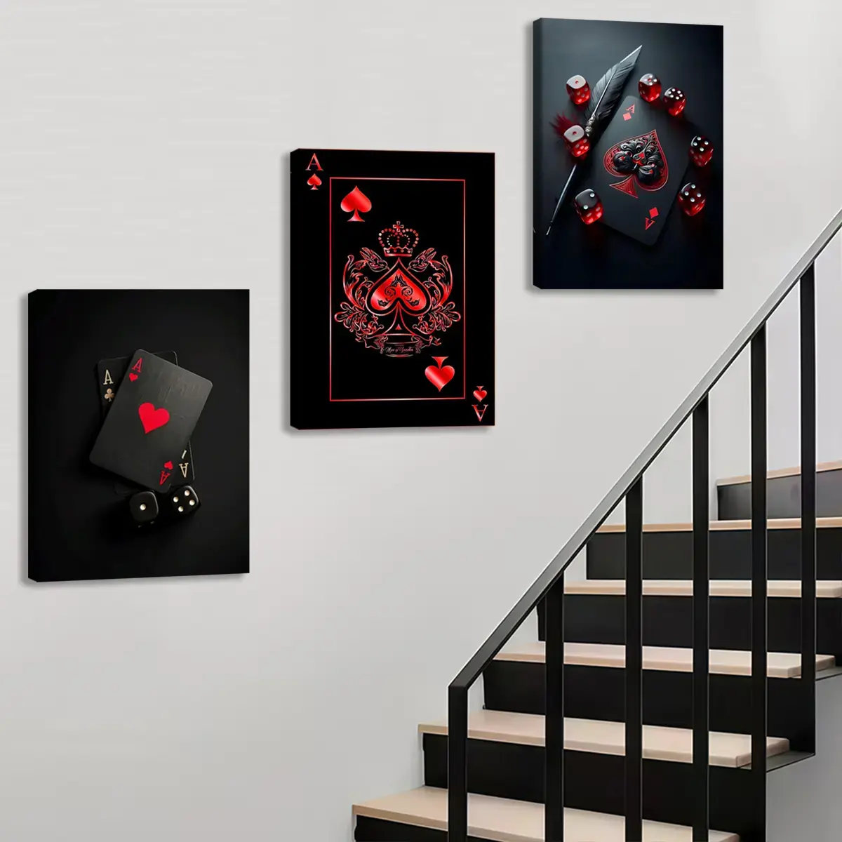3Pcs Artistic Frame-Style Wooden Canvas Painting Prints - Red Black Ace Of Spades Playing Cards, Dice Illustrated Large Waterproof Odorless Wall Art for Living Room, Bedroom Home Decor (Posters & Prints)