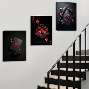 3Pcs Wooden Framed Canvas Painting, Red Black Ace Of Spades Playing Cards And Dice Images, Exquisite Poster, Home Decoration, Pattern Wall Art Decor, For Living Room, Bedroom, Office, Restaurant, Bar Wall Decor, Waterproof, Odorless, Painting, Print Artwo