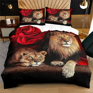 Lion Print Soft Durable Bedding Set, Includes 1 Fitted Sheet & Pillowcases, Modern Style Bedroom Decor, Perfect for Teens & Adults