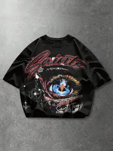 Men's Gothic Streetwear T-Shirt Casual Loose Sleeve With "Saints Tears" And Mystic Eye Print, Bold Graphic Tee For Hip Hop Fashion And Casual Parties, Menswear