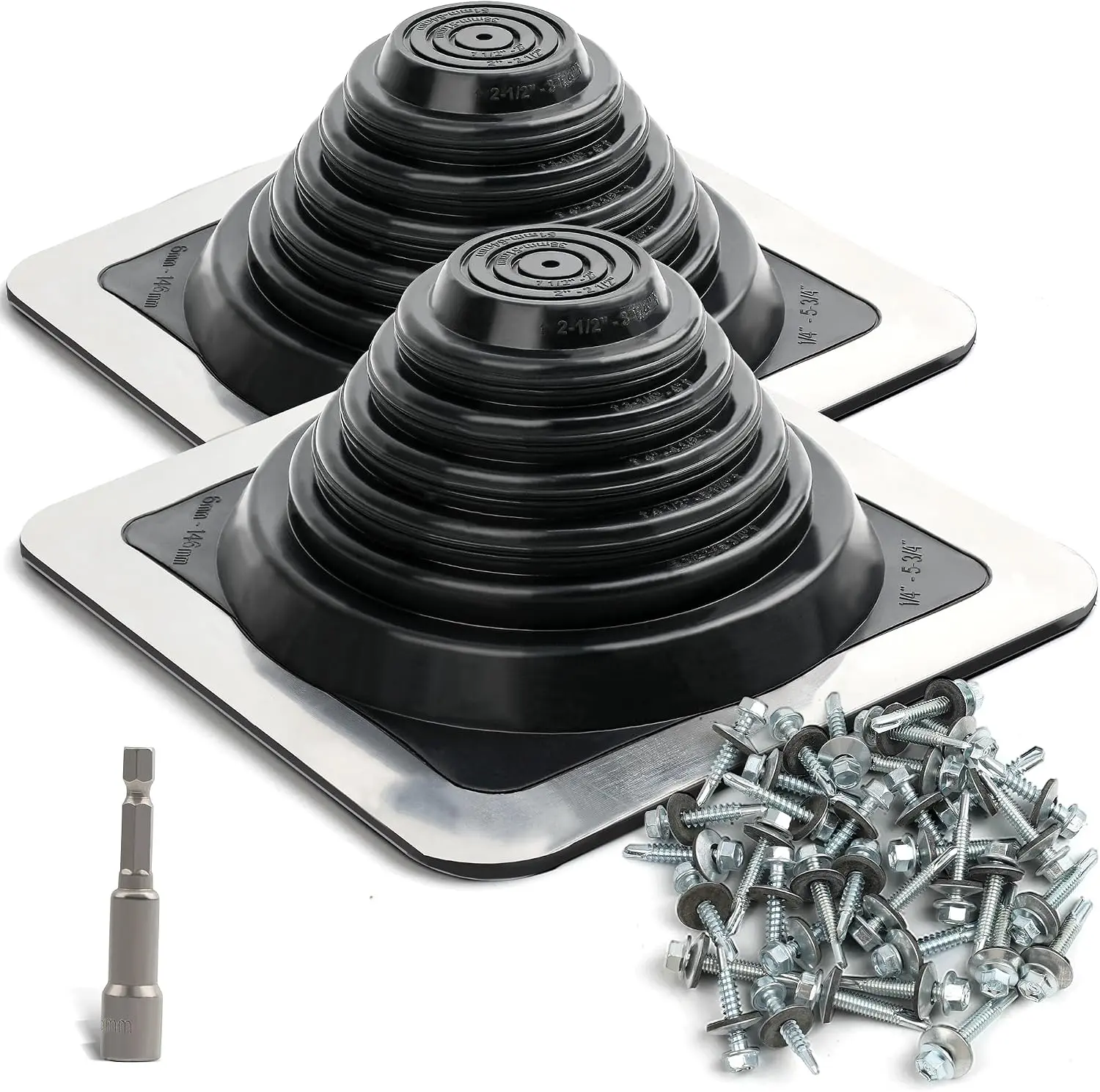 High Temp Silicone Metal Roof Pipe Flashing Boot, 2 Pack | Roof Vent Boot | Fits Pipe OD 1/4"-5-3/4" | Square Aluminum Base | Screws Included | Silicone Pipe Seal