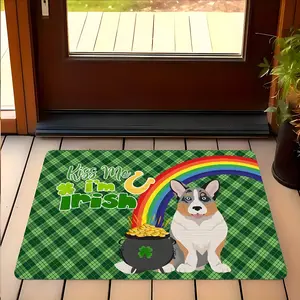 St. Patrick's Day Corgi Doormat, Green Plaid Shamrock Pot of Gold Rainbow Entryway Rug, Non-Slip Low-Profile Floor Mat for Indoor Outdoor, Irish Themed Home Entrance Decor, Perfect Gift for Corgi Lovers & St. Patrick's Day Fans