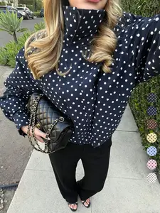 Women's Spring & Fall Fashion Polka Dot Bubble Satin Jacket, High Neck Long Sleeve Zipper Outerwear, Loose Fit Casual Coat