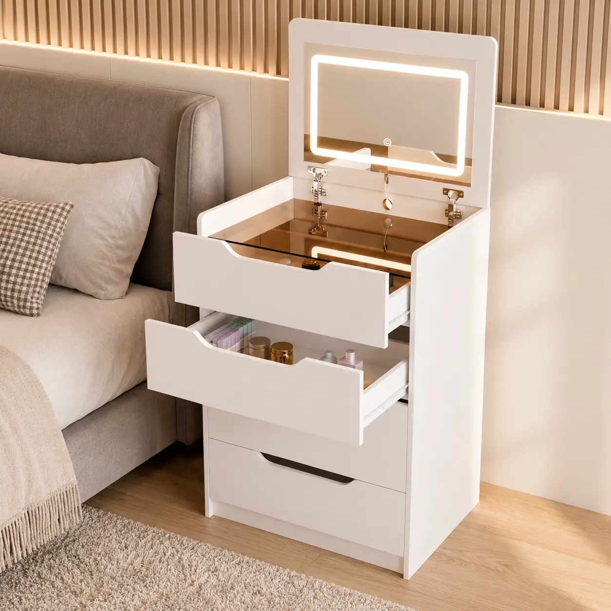 3-in-1 Multifunctional Vanity ,Flip-Top Lighted Mirror & Transparent Glass Tabletop, Compact LED Makeup Desk (with Storage Stool), Modern Bedroom Vanity (White)