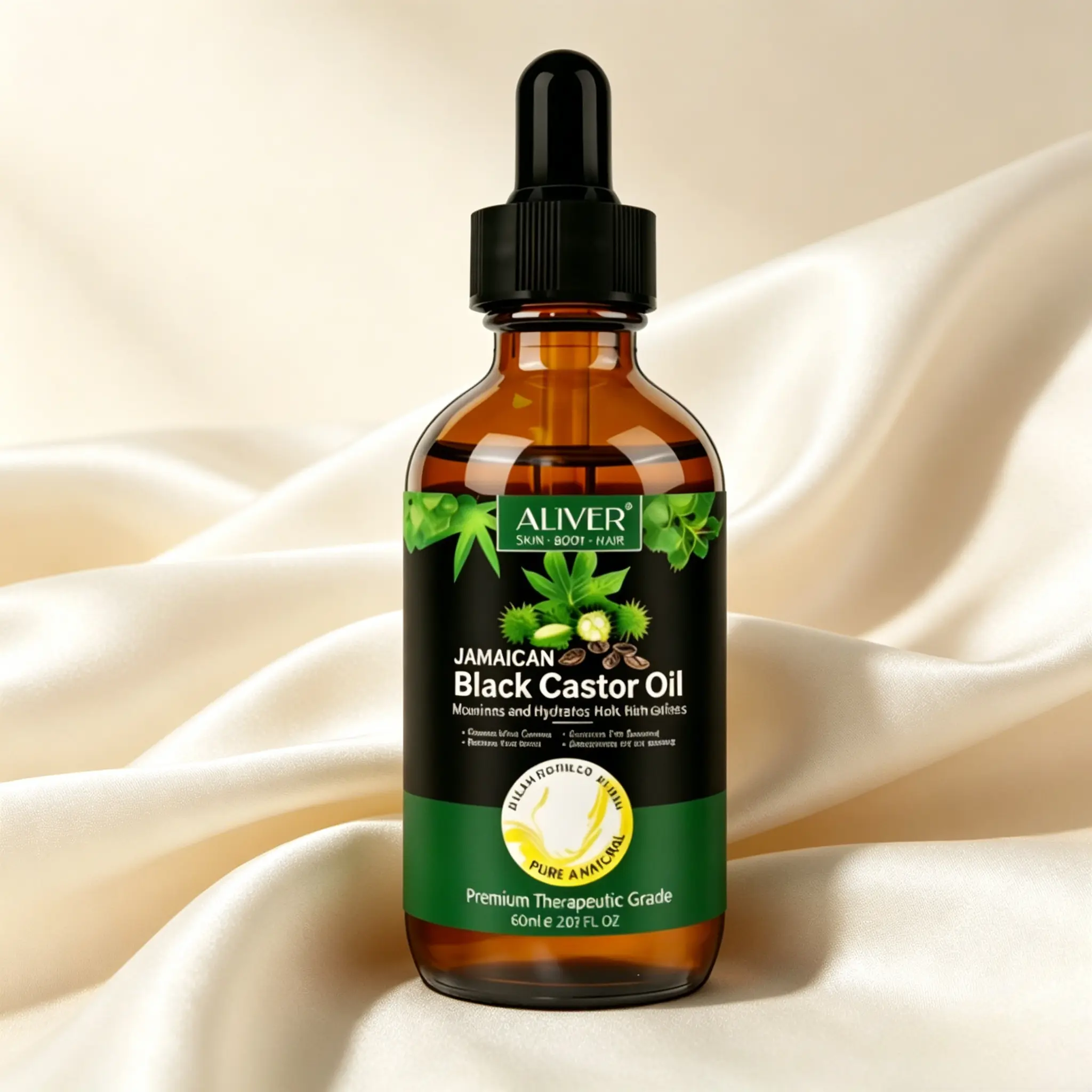 ALIVER Pure Cold-Pressed Castor Oil (60ml) - Jamaican Black Hair Oil for Split Ends, Scalp Hydration, Lash & Brow Care