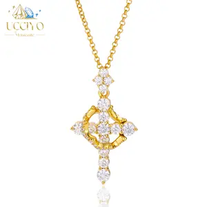 【#P727】UCCIYO S925 Sterling Silver Synthetic Moissanite Pendant Necklace Tewiky Simple Crown Cross Pendant Choker Easter Necklace for Women Men Girls Pretty Crown Cross Necklace For Daily Party Clothing Decor Trendy  Exquisite Jewelry P727