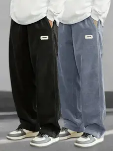 Men's Loose-Fit Drawstring Waist Fashion Flannel Straight Leg Pants, Comfortable Casual Jeans for Daily Wear and Parties, Regular Fit Knitted Fabric