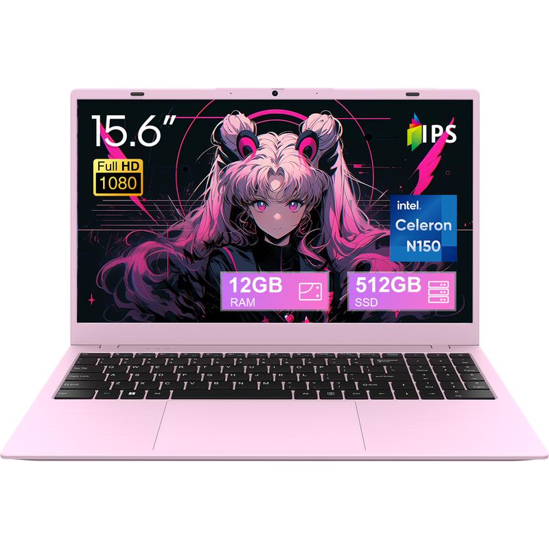 15.6” Pink Laptop Intel N150 4-Core (Beats N95/N100) 12GB DDR5 512GB SSD 1080p IPS WiFi 6 BT5.2 5000mAh Large Capacity Battery Perfect for College & Travel Your Campus Essential