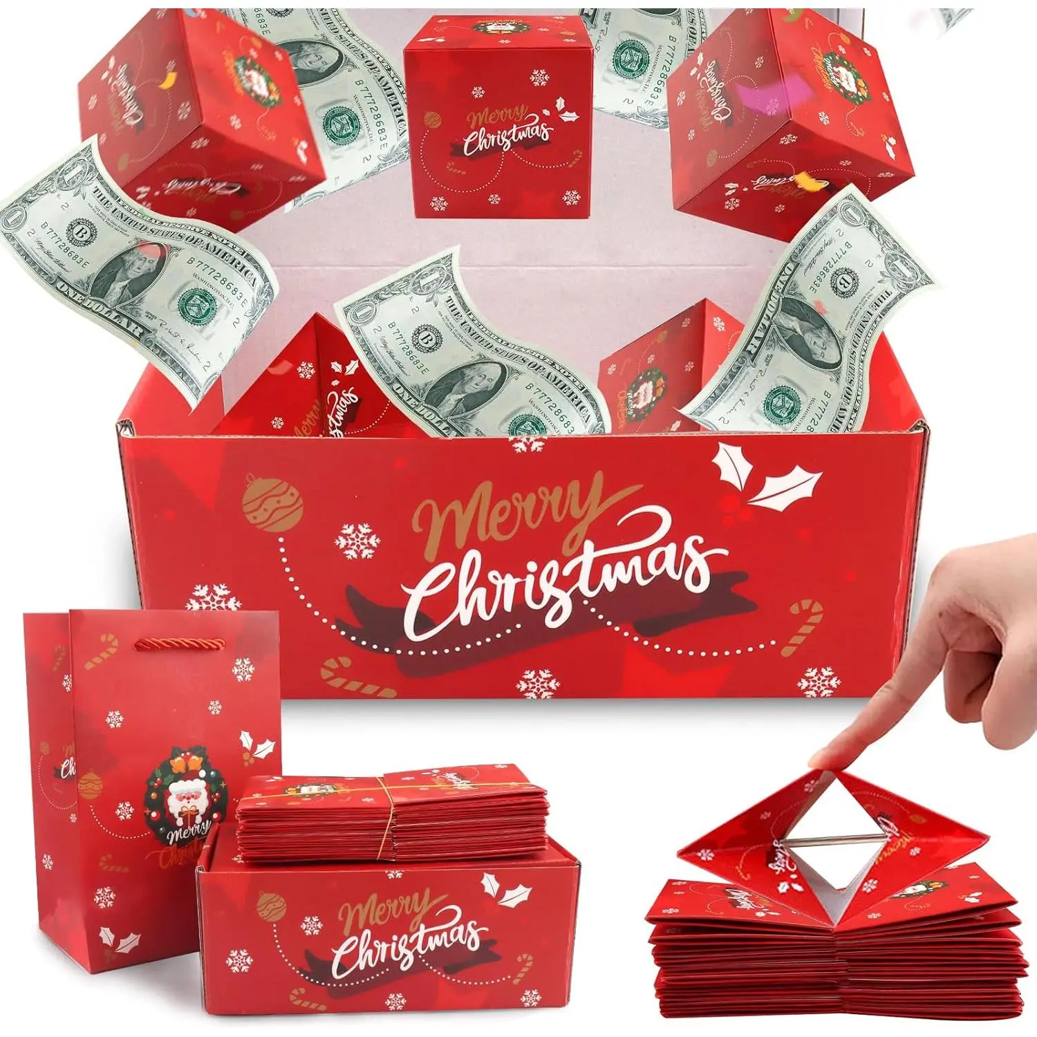 Christmas Surprise Box for Money - Exploding Santa Gift Box, Red Bouncing Cash Explosion Box for Present, Xmas Party Supplies