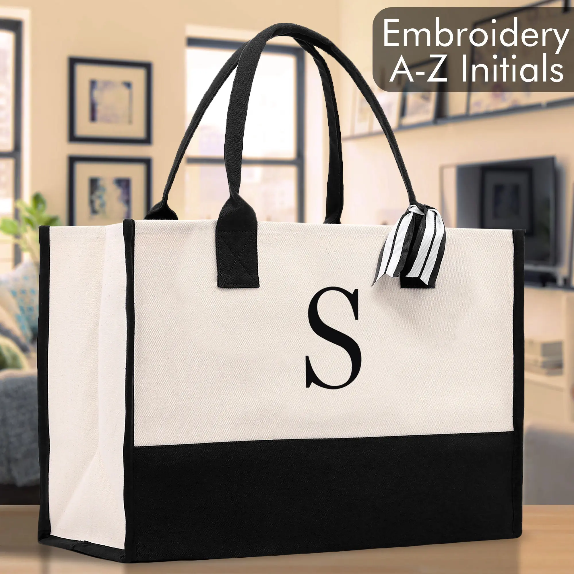 Personalized Monogram Embroidery Cotton Canvas Beach Tote Bag Initial Tote Bridesmaid Gift Tote Custom Beach Bag Gift for Her A-Z - Black