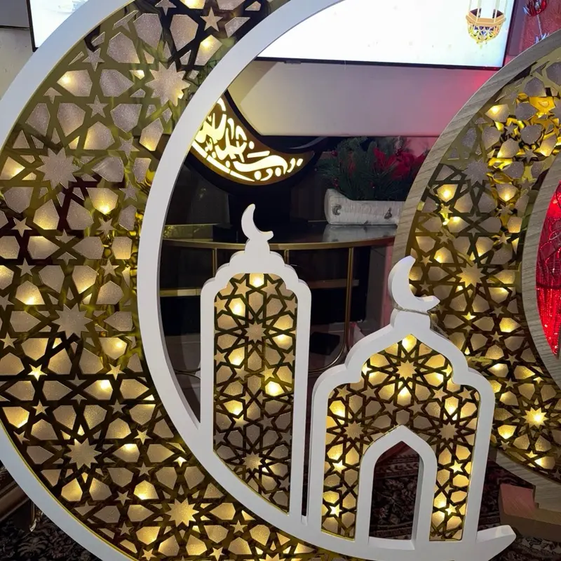 Ramadan Eid Arabic Decorative Moon & Star Lighted Wall Art for Home Decorations White &  Gold Wooden Moon & Mosque Decoration 120*98*2.8 CM