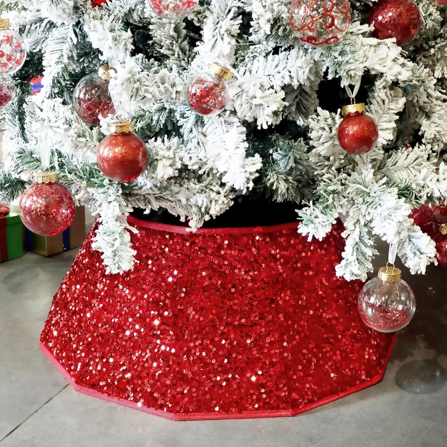 Christmas Tree Collar, Sequin Christmas Tree Skirt, Foldable Tree Ring, Xmas Tree Stand Base Cover for Christmas Tree Decoration, Round Red