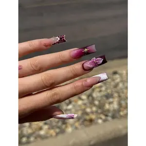 Burgundy Floral Press On Nails | 3D Orchid Flower Art | Long Square Pink & Maroon Marble Tips | Luxe Handmade Statement Nails