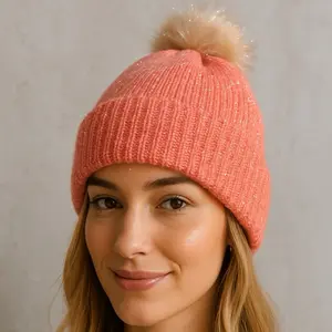 Sparkle Knit Pom-Pom Beanie Coral Holiday Edition Soft Stretchy Handmade for Teens & Adults Ideal for Chilly Days