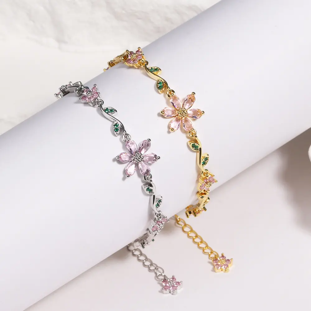 Women's 2-Piece Fashionable Zircon Bracelet Set, Green Leaf-Flowers Design Costume Jewelry Accessory, Ideal Gifts for Birthday, Valentine's Day, Anniversary
