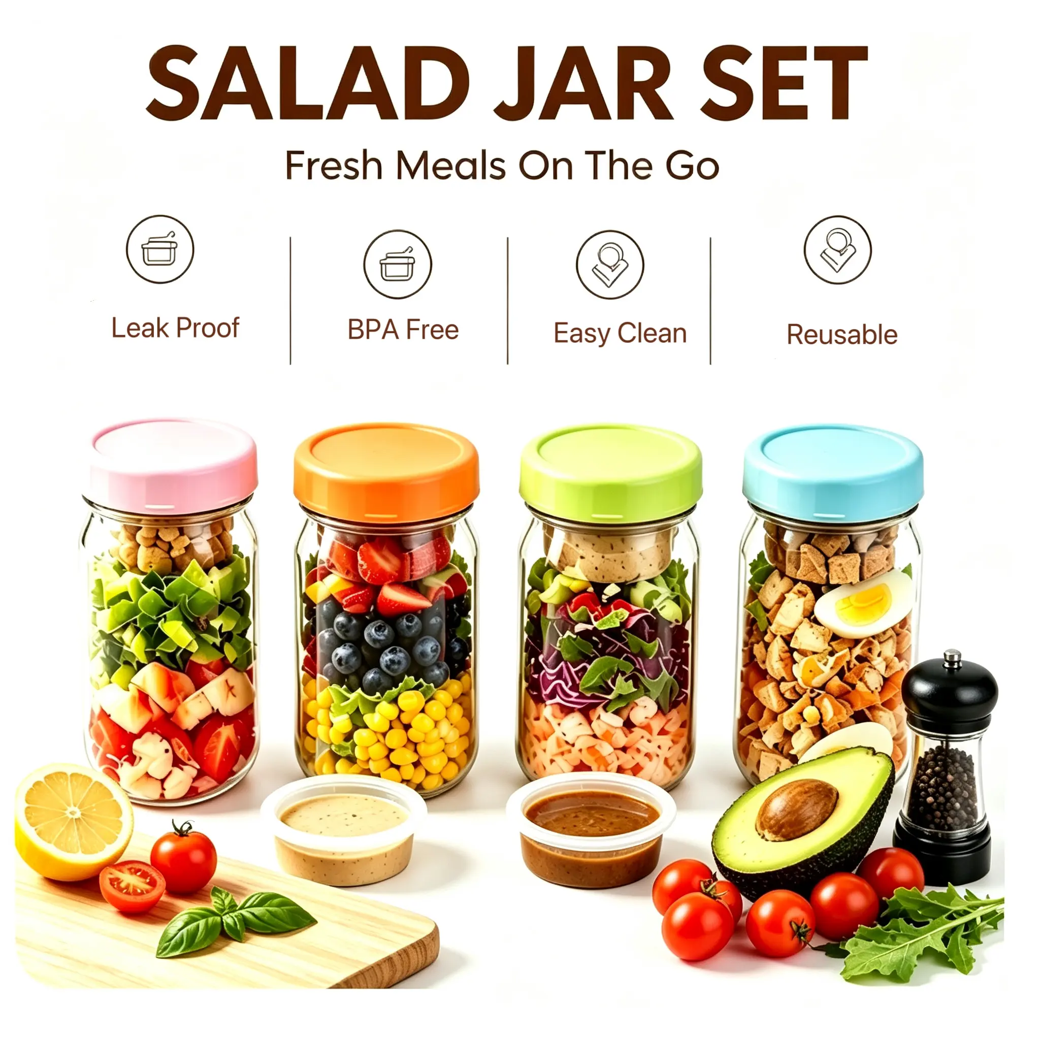 4-Pack 32oz Airtight Sealable Glass Salad Jars with Screw-On Lids - Kitchen Food Storage Containers, Built-In Wet/Dry Separation Boxes, Meal Prep Containers for Work Lunches, Fridge-Friendly, Customizable, Glass Food Container, Storage Bottles & Jars