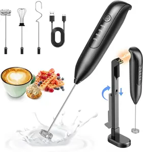 Electric Milk Frother Handheld: Rechargeable 3 in 1 - LED Digital Display with 3 Speeds Portable Stainless Steel Drink Foam Mixer for Milk Coffee, Lattes - Starlight Black
