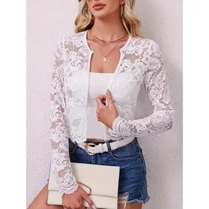 Women's Spring/Summer Solid Color Lace Button- Jacket