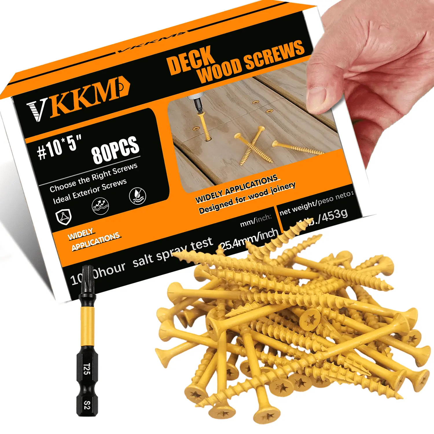 VKKM 80Pcs #10 x 5 Inch Bronze Torx Countersunk Wood Screws, Hardened Carbon Steel Anti-Oxidation Self Tapping Fasteners with Free T25 Bit for Indoor Cabinet, Furniture & Woodworking DIY Projects