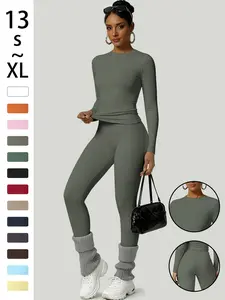 Women's Two-Piece Set, Long Sleeve Top and Pants, Comfortable Round Neck T-Shirt & High Waist Slimming Leggings, Fall & Winter Casual Wear, Womenswear