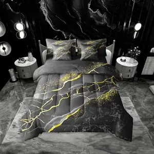 Marble Comforter Set,Golden Bed in A Bag,7 Pieces Abstract Marbling Galaxy Crack Fluid Bed Set,Black Grey Bedding