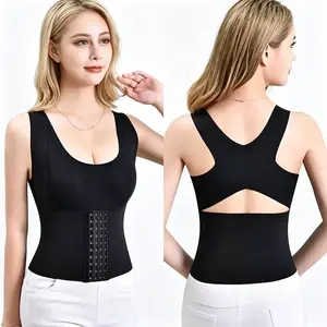 2026 New Enhanced Back Correction Vest, Front Snap, Lightweight Padded, With Bra Pads, Plus Size, Supports Breast, Waist, Abdomen, And Back Shaping Long Vest For Women, Suitable For Daily Inner Wear Or Outer Wear.