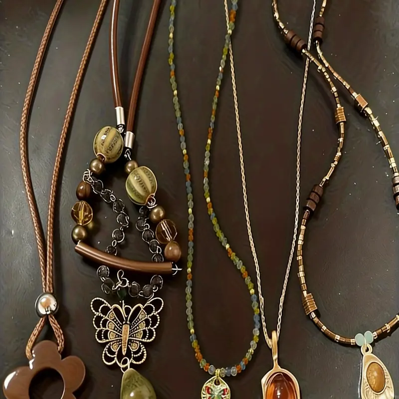Vintage Handmade Beaded Pendant Necklace Set, Dangling Charms Necklace, Elegant Beaded Necklace, Assorted Beaded Necklaces, Mixed Style Long Leather Cord Layered Necklaces for Women, Decorative Beaded Necklaces, Boho Fashion Jewelry