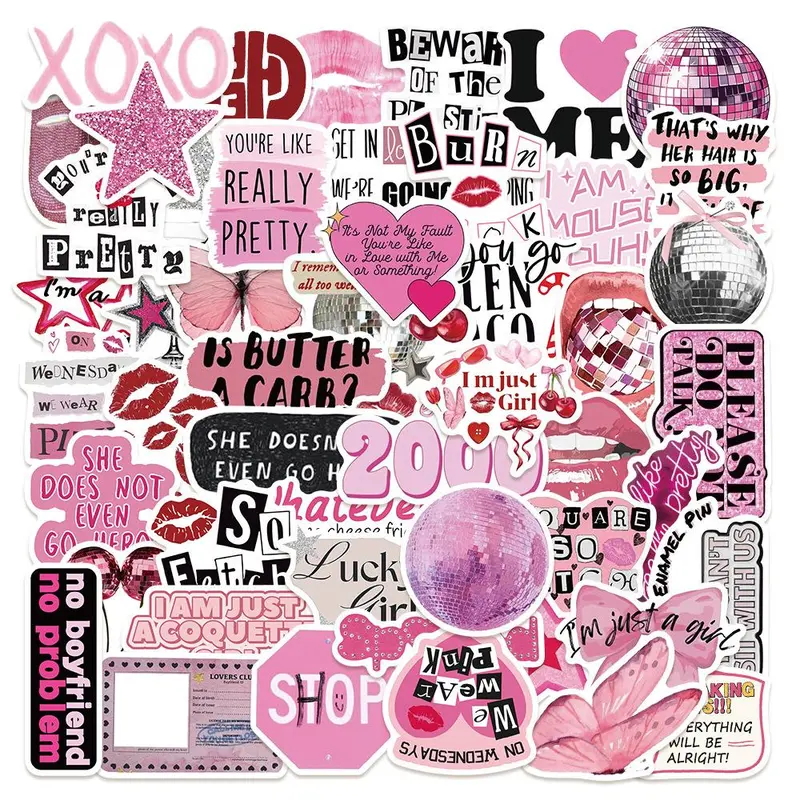 Pink Series Sticker, 50pcs/set Self Adhesive Decorative Sticker, DIY Decals for Water Bottle, Laptop, Phone Case, Scrapbooking, Journal Making, Protective, Funny Stickers