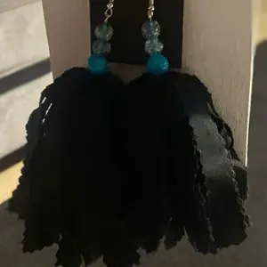 Fringe Fabric Earrings with Turquoise Beads and Black Fringe Design for Stylish Accessories