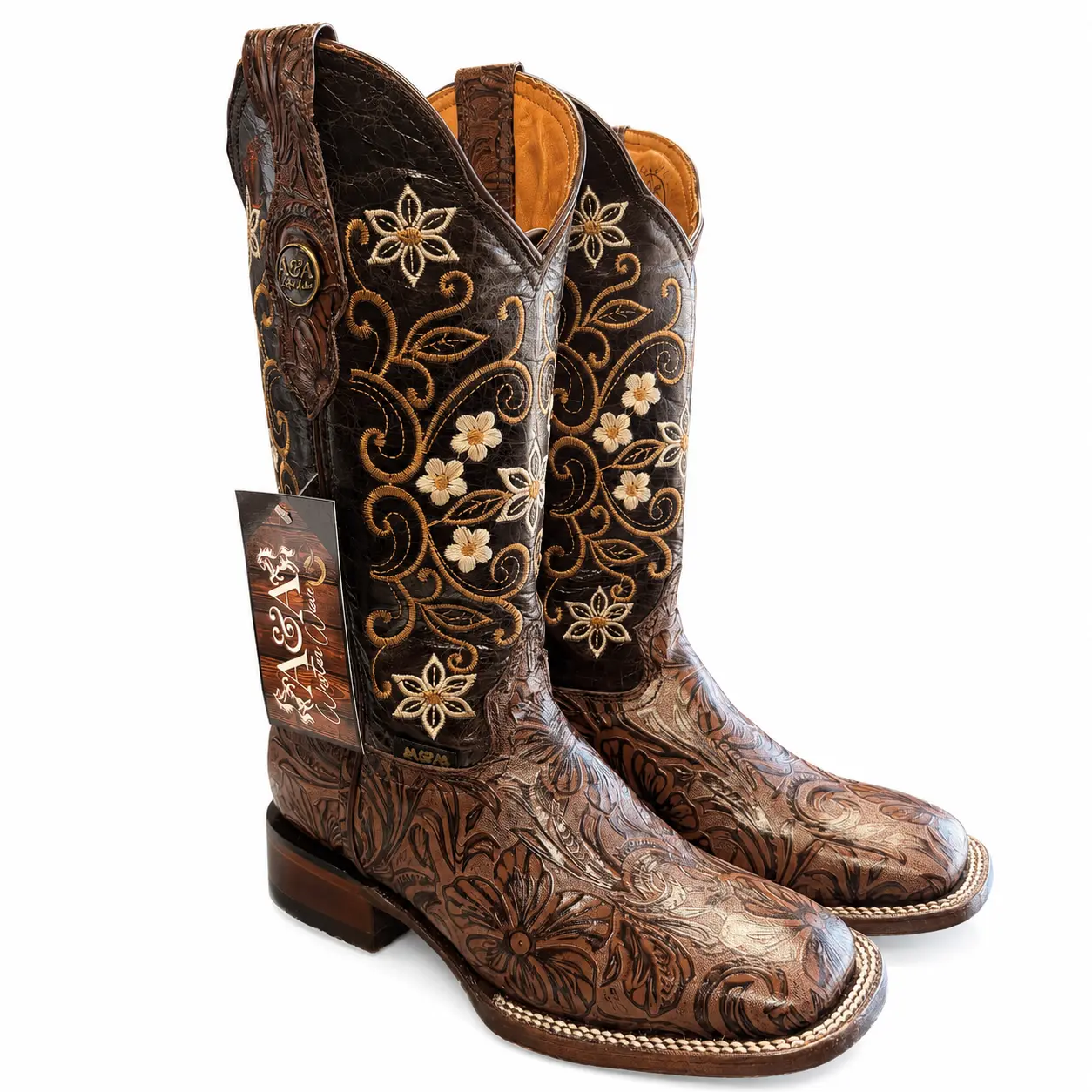 A&A Womens Brown Cognac Cincelado Square Toe Boots