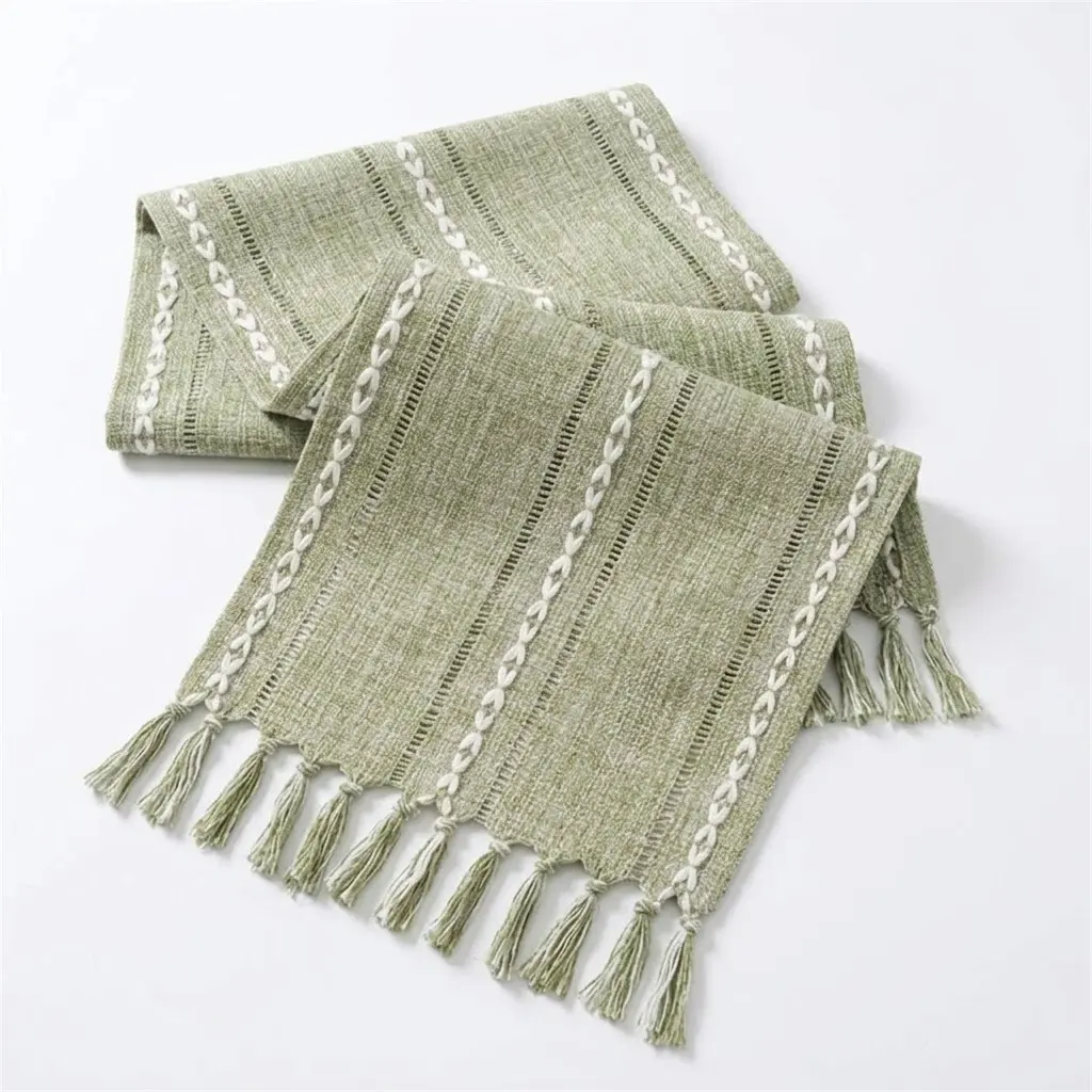 Boho Natural Linen Table Runner with Tassels, Sage Green Farmhouse Woven Dresser Scarf, Decorative Table Cloth for Dining Table, Picnic, Bridal Shower, Home Decor (13x75" / 13x90")
