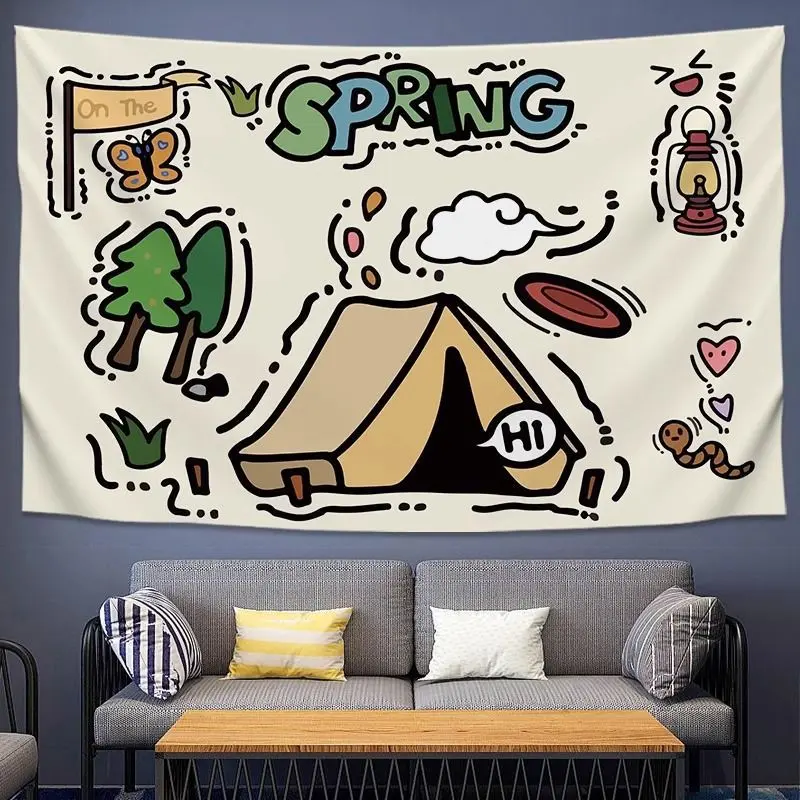 Hand-painted Camping Outing Hanging Cloth Camping Bar Large Tapestry Coffee House Homestay Cartoon Live Broadcast Decoration Background Cloth